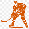 A vector illustration of a hockey player in action, with details of the equipment and uniform.