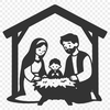 A traditional Nativity scene featuring the Holy Family and angels, suitable for Christmas decorations or invitations.