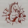 A horse in motion, breaking through a wall.