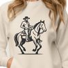 Western Rider SVG Design A digital illustration of a rugged cowboy riding a horse, suitable for vector graphics and cutting machine designs.