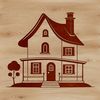 A 2D illustration of a residential house with various architectural details.