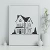 A minimalist illustration of a small residential house with simple lines and shapes.