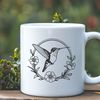 Vibrant Floral Bird Silhouette Close-up illustration of a hummingbird perched on a colorful floral branch.