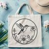 Mid-Flight Hummingbird Artwork A colorful illustration of a hummingbird in mid-flight, surrounded by flowers.