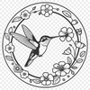 Illustrative vector design of a hummingbird in flight amidst floral elements.