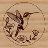 Iridescent Hummingbird Perch An illustration of a bird with iridescent feathers, perched on a stem amidst flowers.
