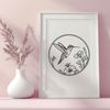 Beautiful Perched Hummingbird Design A detailed illustration of a hummingbird perched on a colorful floral branch.