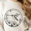 Vibrant Bird on Blooms Illustrated hummingbird perched on colorful flowers in vector format.
