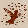 A vibrant illustration of a hummingbird in flight, adorned with hearts symbolizing love.