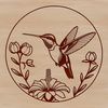 Illustrative design of a hummingbird surrounded by flowers.
