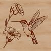 A vector graphic design featuring a hummingbird perched on a branch with green leaves.