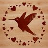 A colorful hummingbird in flight, surrounded by small love hearts, depicted as a vector graphic illustration.
