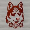 Ornate Siberian Dog Face SVG Design A stylized illustration of a Siberian Husky's head, adorned with floral patterns.