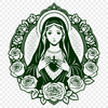 A stylized illustration of a heart with floral elements and a religious theme.