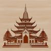 A stylized, 2D illustration of a traditional Buddhist temple with intricate details and ornate architecture.
