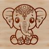 Illustrated elephant sitting on its haunches, a common pose in safari animal art.
