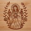SVG Icon of the Virgin Mary with Symbols A detailed, ornate illustration of the Virgin Mary, featuring floral patterns and symbolic elements.