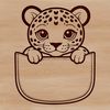 A close-up illustration of a jaguar's face peeking out from behind foliage.