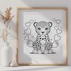 A stylized illustration of a jaguar's face, adorned with love hearts.