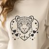 Whimsical Jaguar Portrait with Hearts A stylized illustration of a big cat with love hearts surrounding its body.