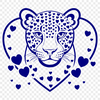 A close-up illustration of a jaguar's face with love hearts surrounding its head.
