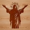 A stylized illustration of Jesus in a traditional religious setting, suitable for Easter-themed designs.