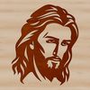 A detailed illustration of the head of Jesus Christ in a traditional religious style.