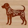 A stylized illustration of a standing Labrador Retriever in a decorative frame.