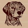 A Labrador Retriever's head is depicted in an ornate illustration.