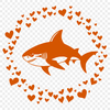 A stylized illustration of a shark featuring love hearts in the design.