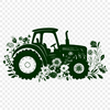 An illustration of a red tractor on a farm field with green crops.