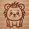 A simple line drawing of a cute lion sitting on its haunches.