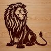 A regal lion sitting with its legs folded under its body, showcasing its majestic size.
