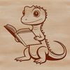 A small reptile with scaly skin reading a book in a serene outdoor setting.