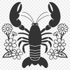 A colorful illustration of a lobster with floral elements surrounding it.