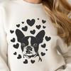 Adorable Dog with Love Hearts SVG Design A portrait of a smiling Boston Terrier with heart-shaped motifs on its head.