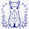Alpaca Silhouette with Love Hearts Close-up illustration of a smiling alpaca with heart symbols surrounding its face.