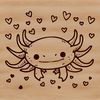 Close-up of a smiling axolotl's face with heart symbols adorning its body.