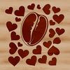 A stylized coffee bean icon with love hearts surrounding it.