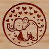 A single elephant standing upright with a pair of love hearts in the background, making it a unique animal design.