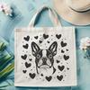Cute Dog Illustration with Heart Graphics A Boston Terrier breed dog with heart graphics surrounding its head.