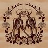 A hand-drawn vector design featuring floral elements with a skeleton holding a rose in celebration of Valentine's Day.