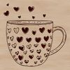 A heart-patterned cup with love hearts decorating the sides and rim.