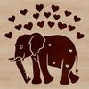 An anthropomorphic elephant standing on its hind legs, adorned with heart symbols.
