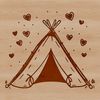 A stylized illustration of a tent with love hearts embedded in the design, perfect for outdoor enthusiasts.