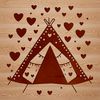 A colorful illustration of a tent with love hearts surrounded by outdoors elements.