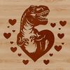 A stylized illustration of a Tyrannosaurus Rex with love hearts surrounding its body.