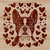 A stylized illustration of a happy Boston Terrier's head, surrounded by love hearts.
