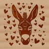 A donkey's head with colorful love hearts surrounding its face.