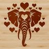 An illustration of a majestic elephant's head with love hearts surrounding it, suitable for vector design projects.
